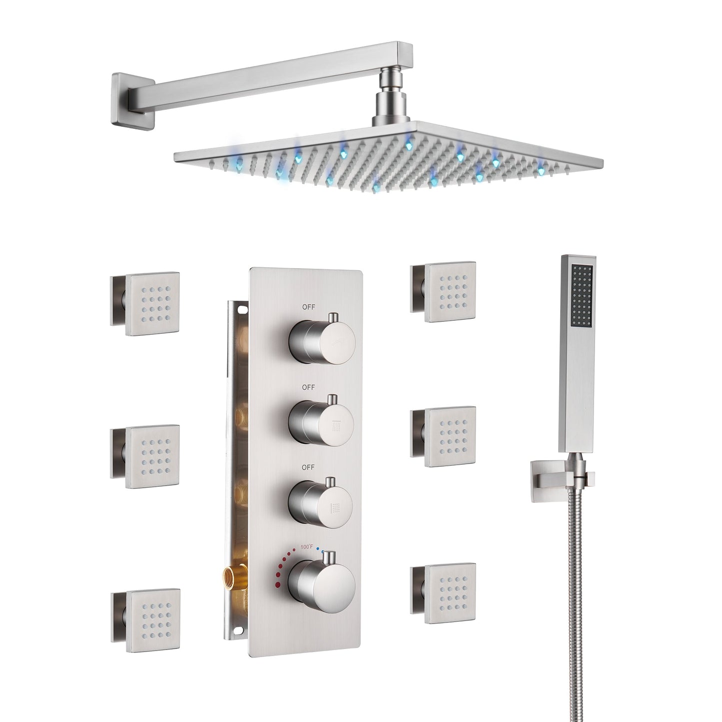Mondawe Luxury Wall Mount Rain Shower Head with 6 Shower Jet and LED 3-Spray Patterns Thermostatic 12 in.