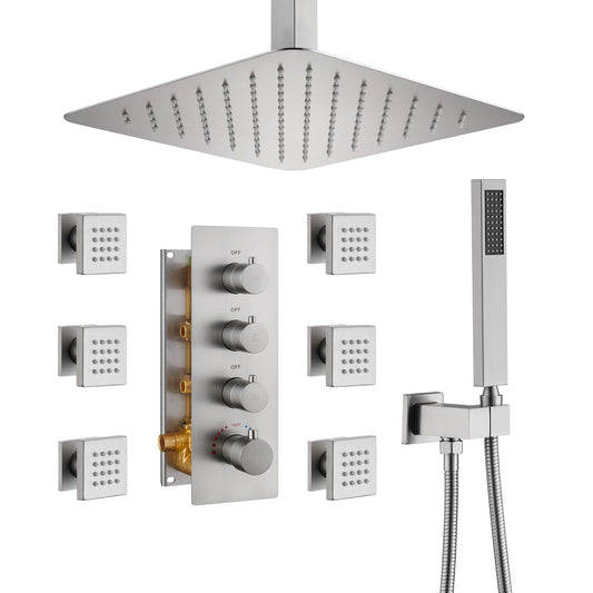Mondawe Celling Mount Thermostatic Rainfall Shower System Set with Hand Held Shower Head and 6 Body Jets