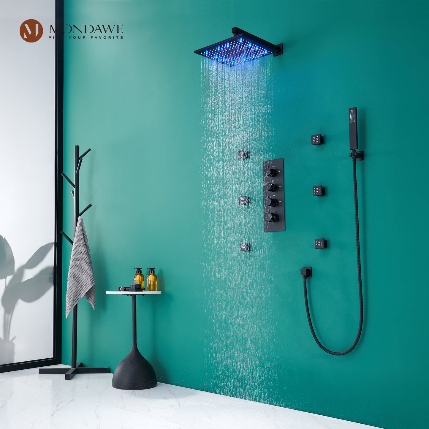Mondawe Luxury Wall Mount Rain Shower Head with 6 Shower Jet and LED 3-Spray Patterns Thermostatic 12 in.