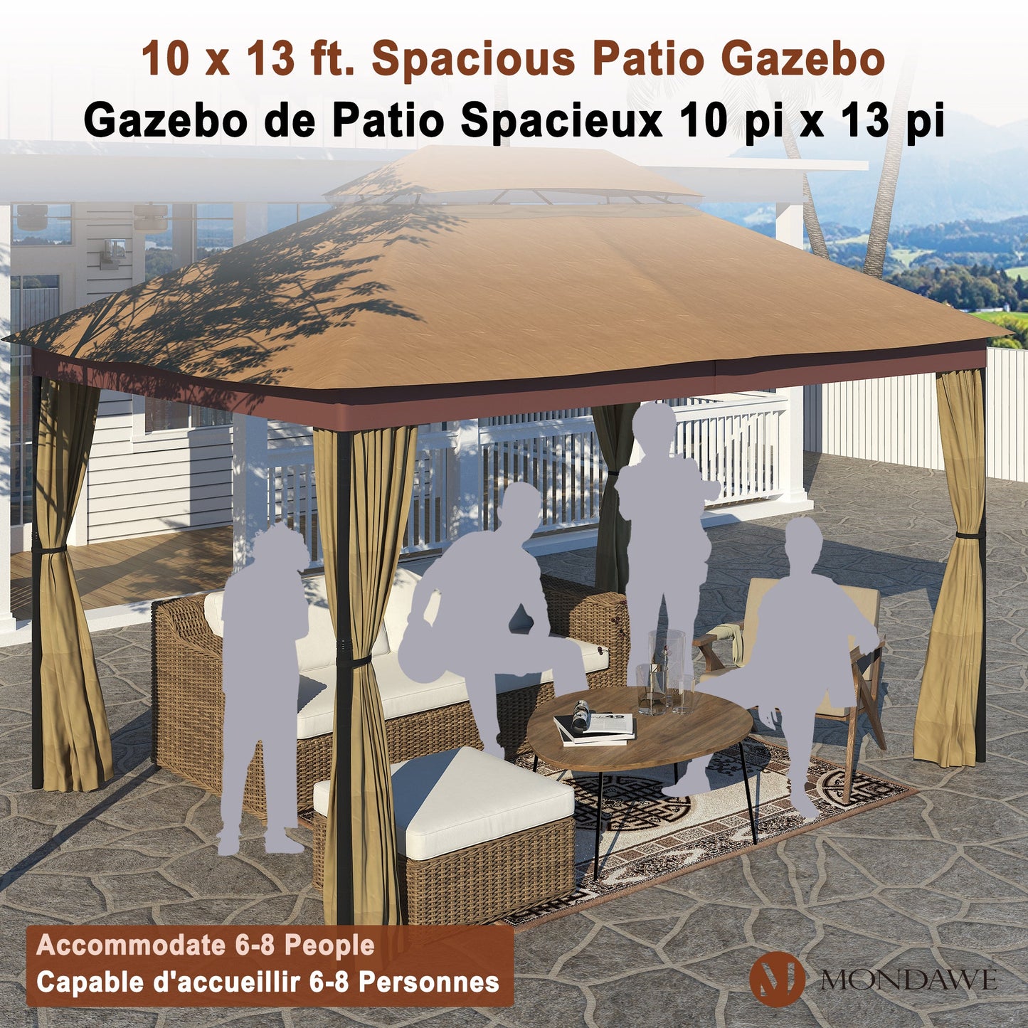 10 ft. x 13 ft. Outdoor Iron Frame Patio Gazebo Double Straight Top Pavilion Canopy Tent Shelter with Netting or Curtains