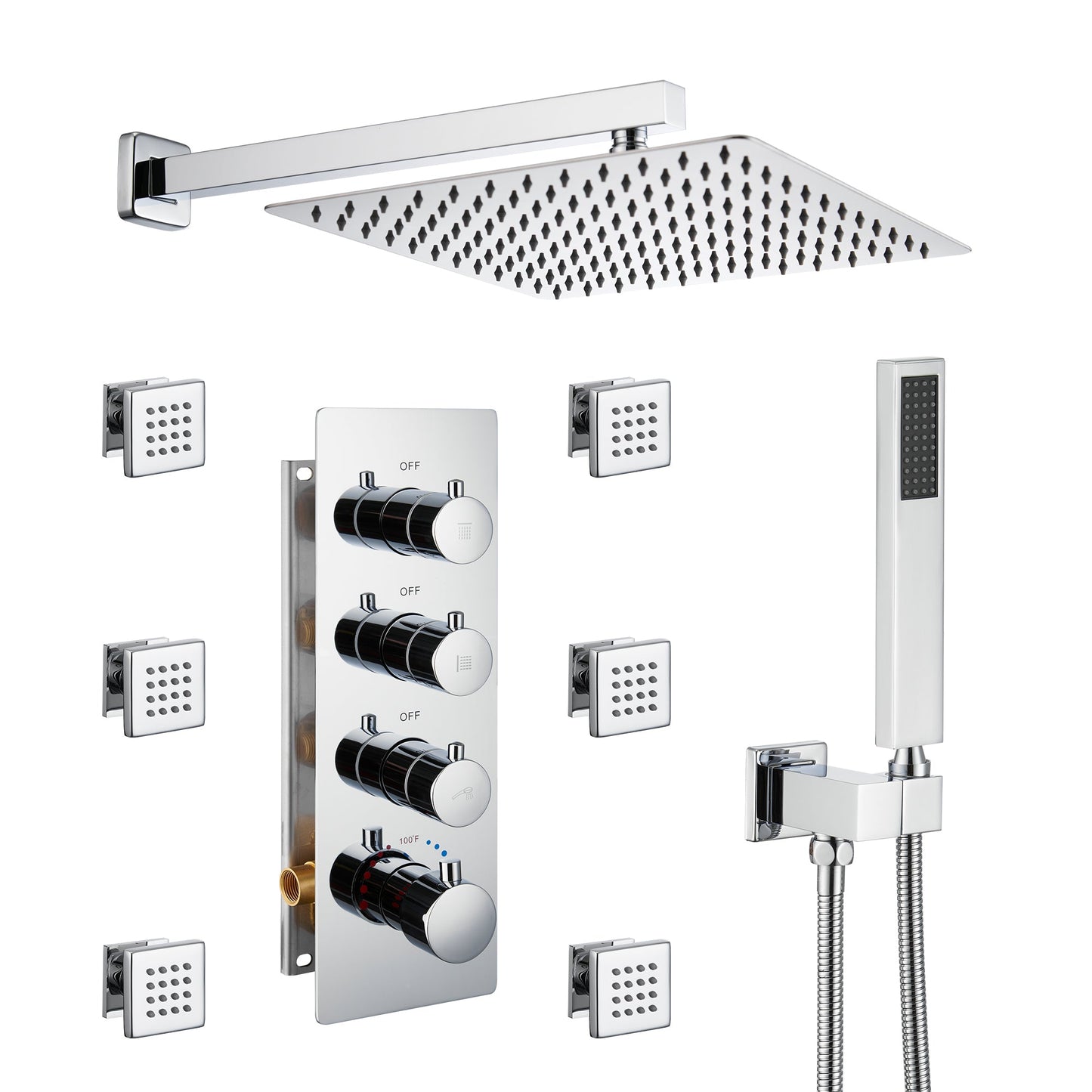 Luxury 3-Spray Patterns Thermostatic 12 in. Wall Mount Rainfall Dual Shower Heads with 6-Body Spray