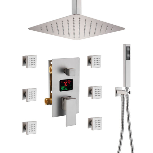 Mondawe Celling Mount Thermostatic Rain Shower System with Handheld Shower, Wall Body Jets and Digital Display