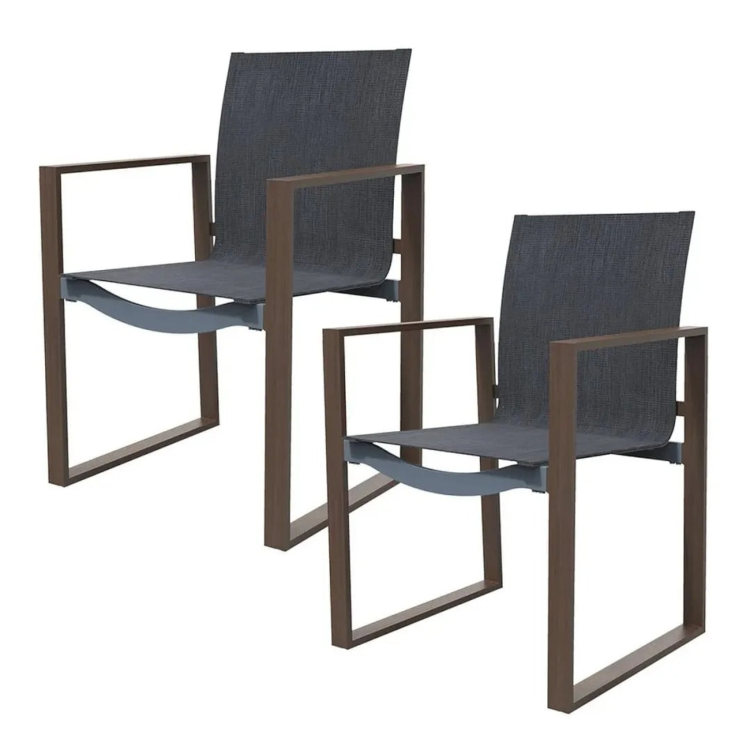 MONDAWE Outdoor Formal Dinning Chair With Grey Cushions In Full Metal Frame With Woodgrain (Set of 2)