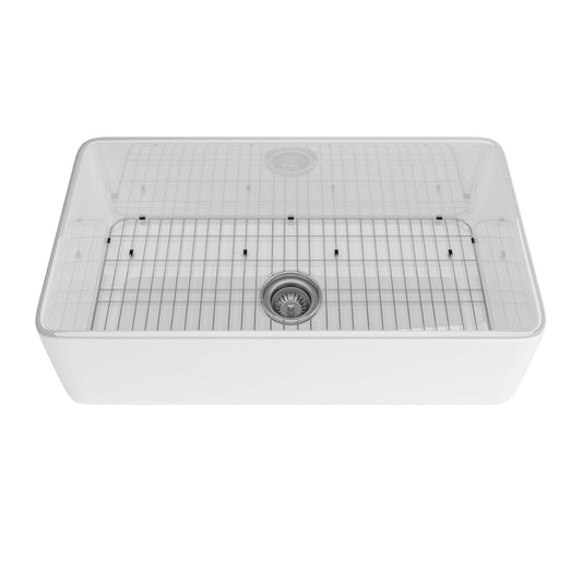 MONDAWE Farmhouse 33 in. single bowl fireclay kitchen sink comes with stainless steel bottom grid and strainer