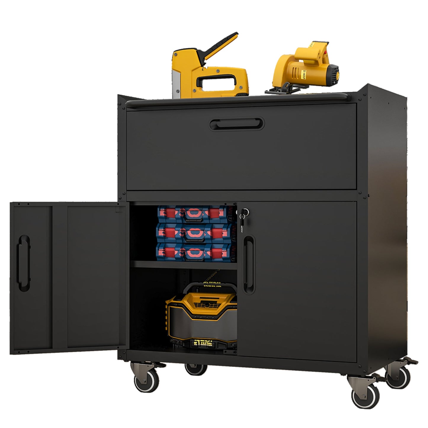 Mondawe Modern Metal Tool Cabinet, Black Grey Mobile Heavy-Duty Storage Cabinet With Wheels