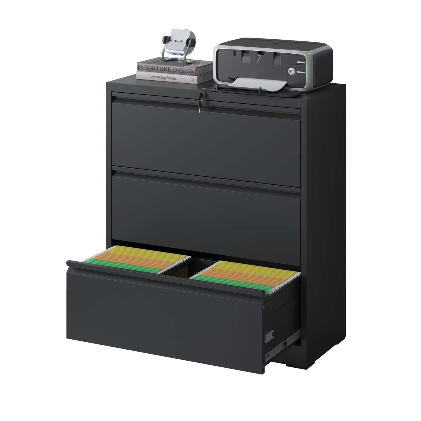 Mondawe Horizontal 3-Drawer Metal Black Lockable Filing Cabinet Capable Of Storing A4/F4 Size Files