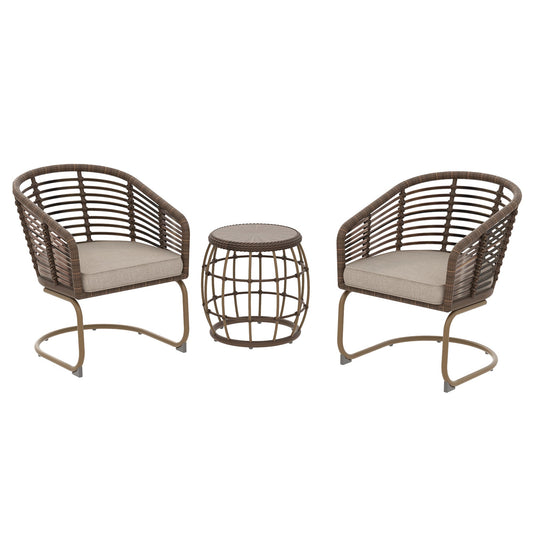 MONDAWE 3-Piece Wicker Patio Conversation Set Outdoor Spring Chairs and Side Table for Gazebo with Brown Cushion