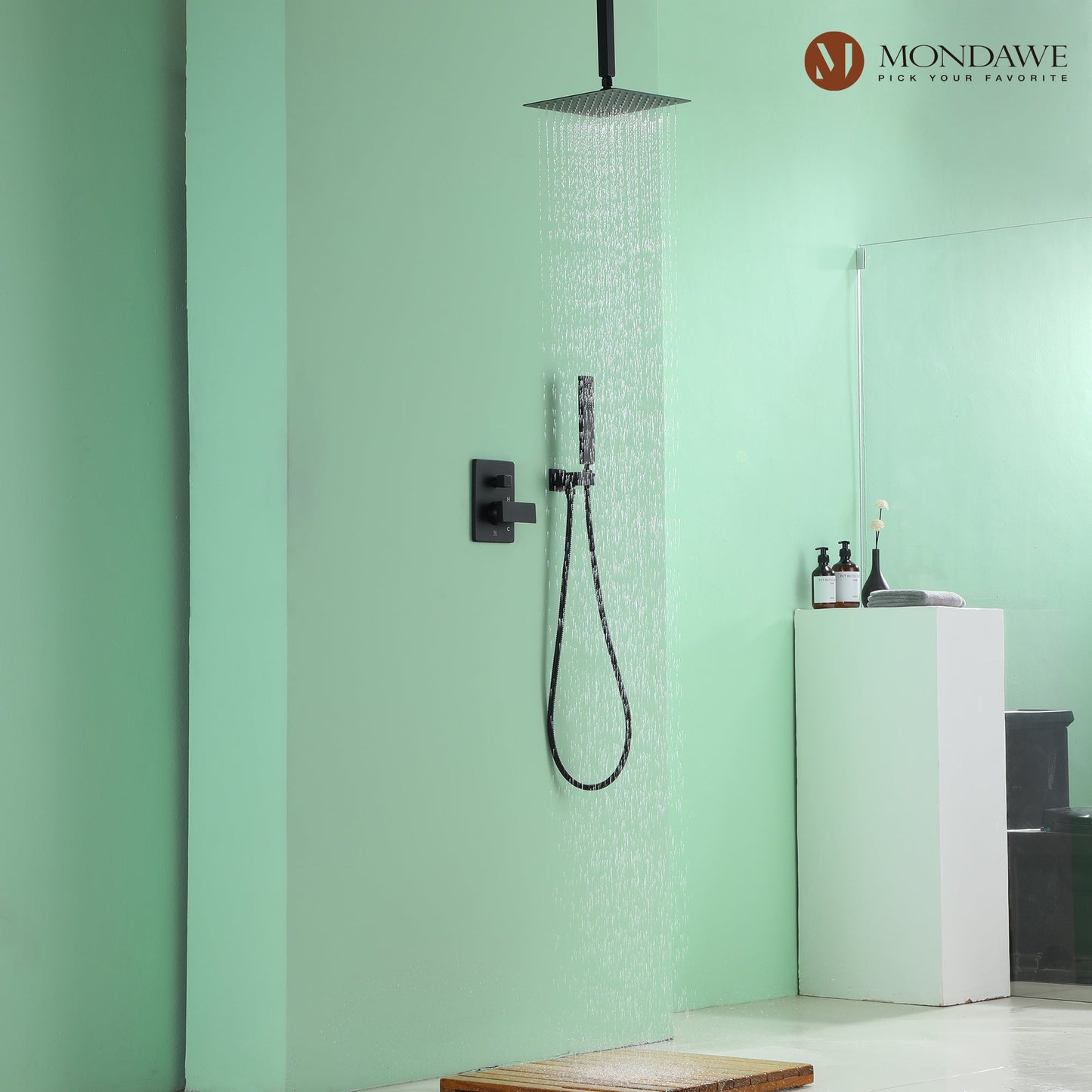 Mondawe Stainless Steel Thermostatic Shower Bar System in Black/Chrome