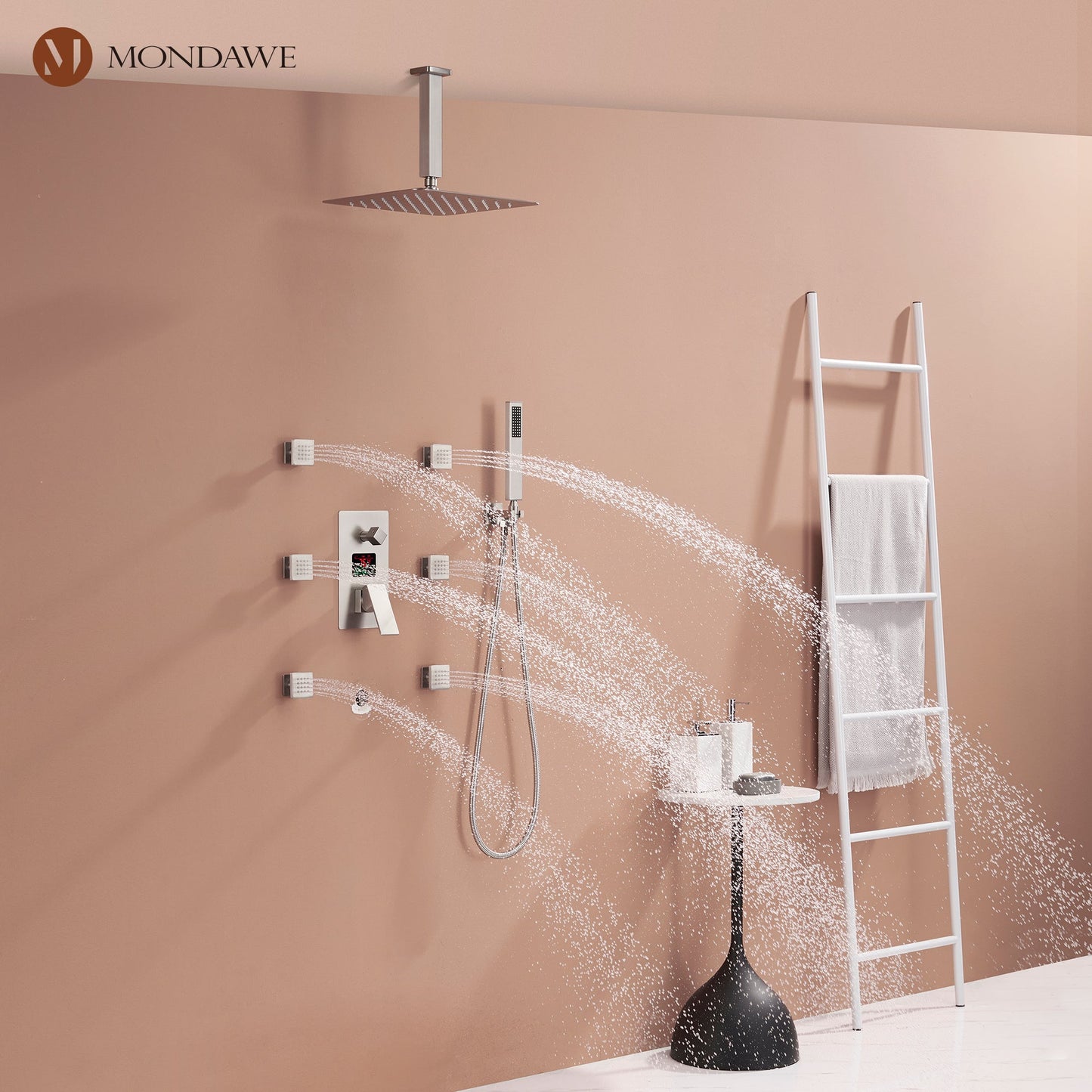 Mondawe Celling Mount Thermostatic Rain Shower System with Handheld Shower, Wall Body Jets and Digital Display