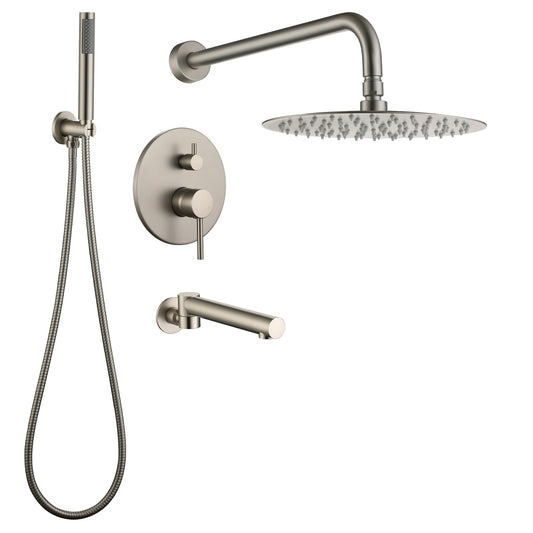 MONDAWR 10-Inch Three-function Wall-mounted Round Shower Set With Swivel Bathtub Spout