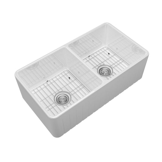 MONDAWE Farmhouse 33 in. double bowl fireclay kitchen sink comes with stainless steel bottom grid and strainer