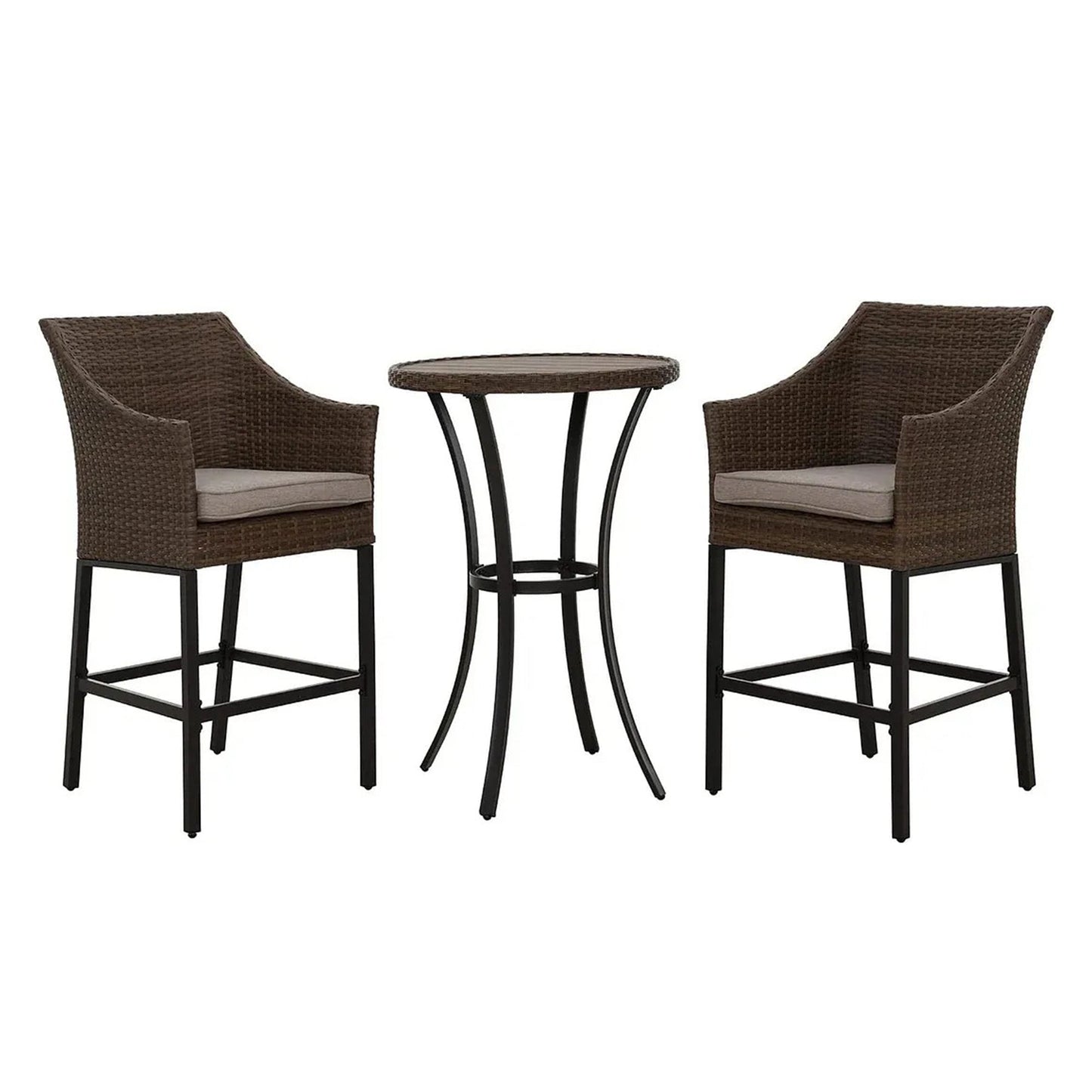 MONDAWE 3-Piece PE Rattan Wicker Patio Conversation Set Outdoor High Bar Chairs and Bistro Table with Gray Cushion