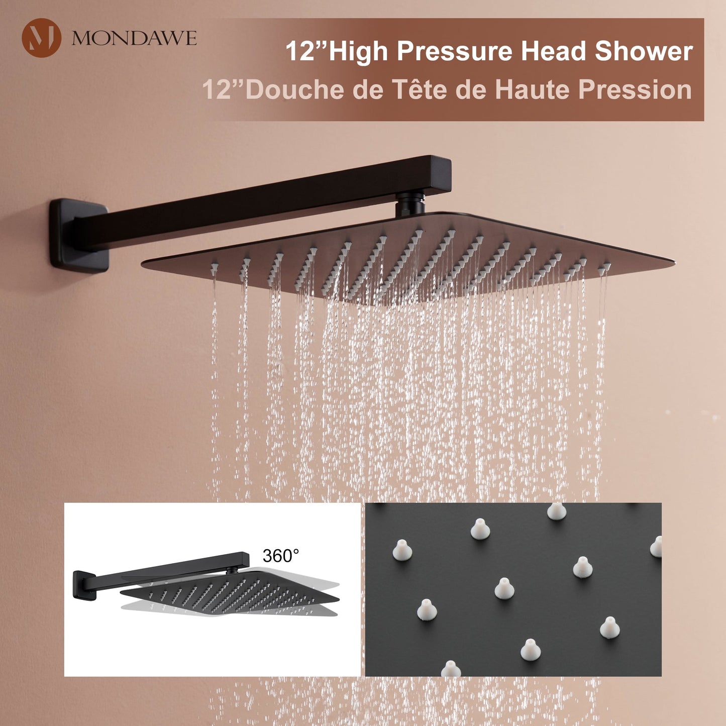 Mondawe Celling Mount Thermostatic Rain Shower System with Handheld Shower, Wall Body Jets and Digital Display