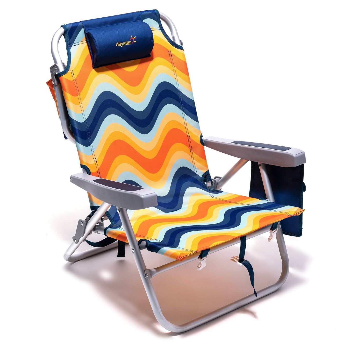 MONDAWE 1-Piece Orange Aluminum Patio Folding Beach Chair Lawn Chair Camping Chair with Side Pockets and Neck Pillow