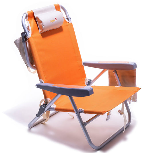 MONDAWE 1-Piece Orange Aluminum Patio Folding Beach Chair Lawn Chair Camping Chair with Side Pockets and Neck Pillow