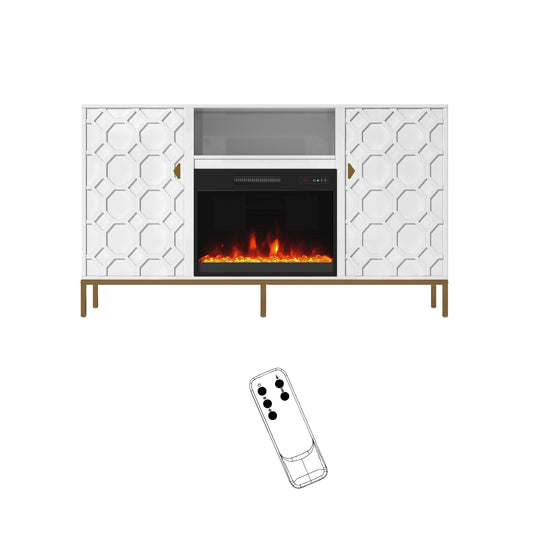 Mondawe 59Inch TV Stand with 23Inch Electric Fireplace With Remote Control and Metal Feet,White