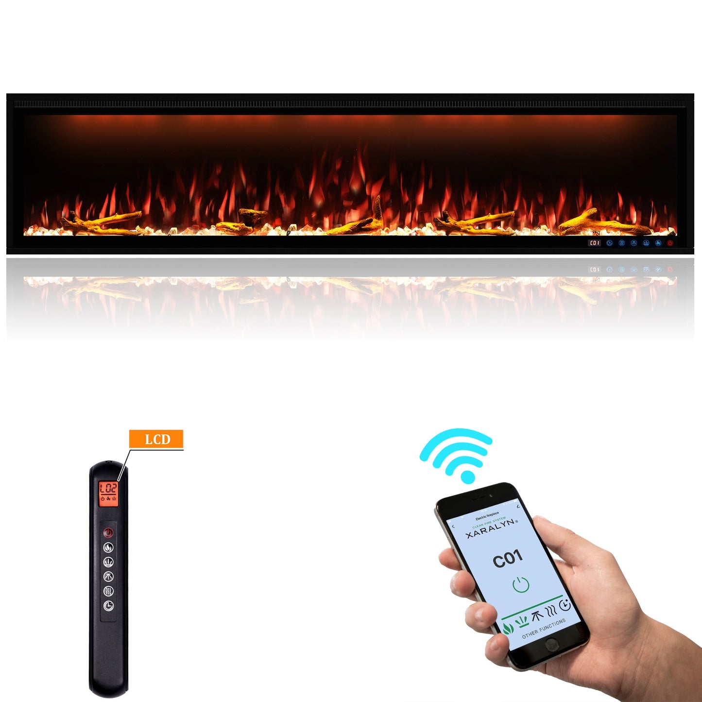 Mondawe 74Inch Smart Electric Fireplace,1500W,Sgs-Certified With 3 Top Light,13 Fuel Bed & Flame Colors