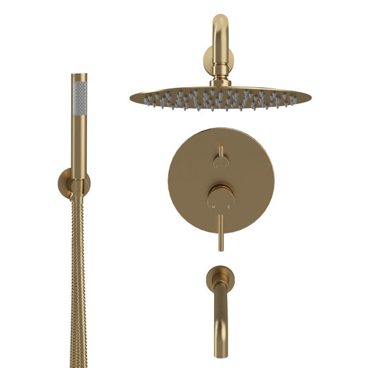 Mondawe 10-Inch Three-function Wall-mounted Round Shower Set in Brushed Gold