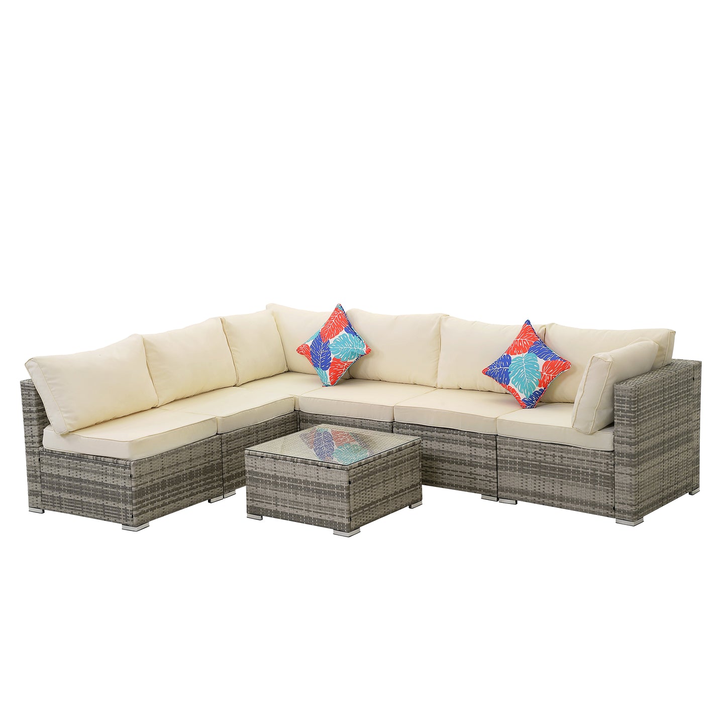 MONDAWE 7 Pieces Outdoor Sectional Set with Cushion,? All Weather PE Patio Ratten Sofa Set with Tempered Glass Desktop