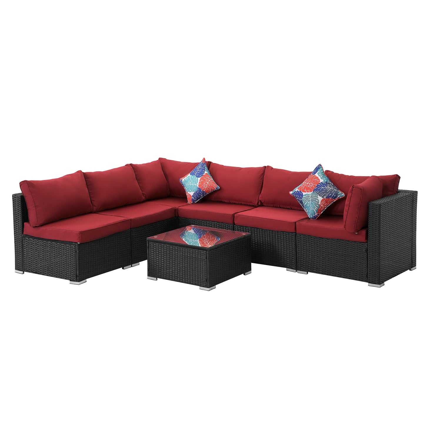 MONDAWE 7 Pieces Outdoor Sectional Set with Cushion,? All Weather PE Patio Ratten Sofa Set with Tempered Glass Desktop