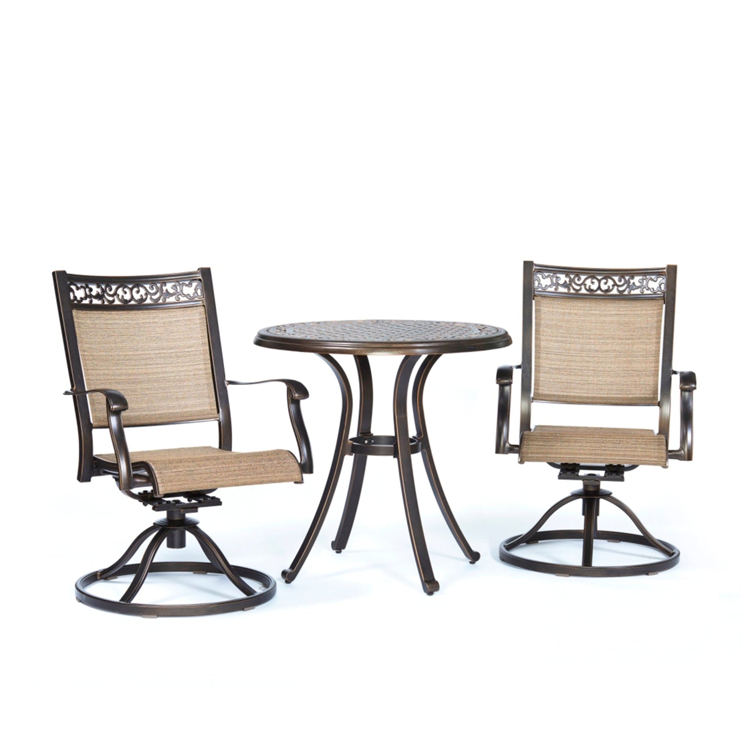 MONDAWE 3-Piece Cast Aluminum Round 28 in Hieght Outdoor Bistro Set with Swivel Sling Chair