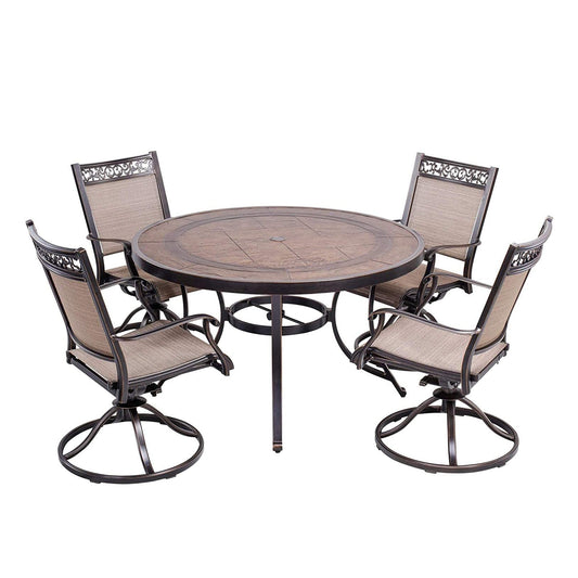 MONDAWE 5 Piece Patio Dining Sets with Swivel Chairs Cast Aluminum 4 Textilene Swivel Chairs and Outdoor Dining Table with Umbrella Hole Patio Furniture Dining Set