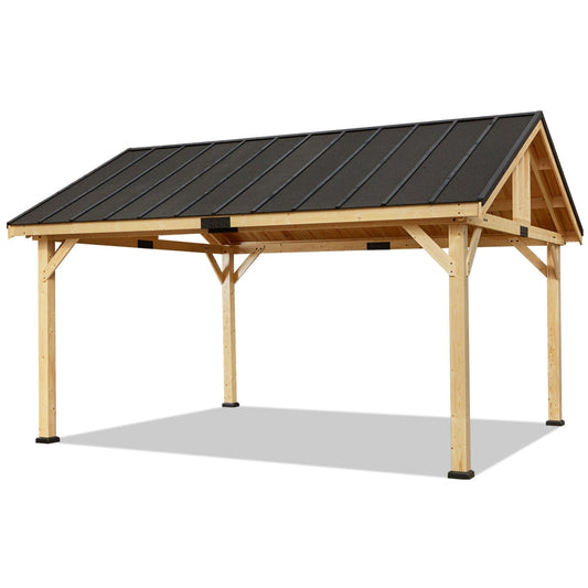 MONDAWE 13x16 FT Large Shelf Wood Pergola Solid Wood Gazebo with Waterproof Asphalt Roof Outdoor Permanent Hardtop Gazebo Canopy