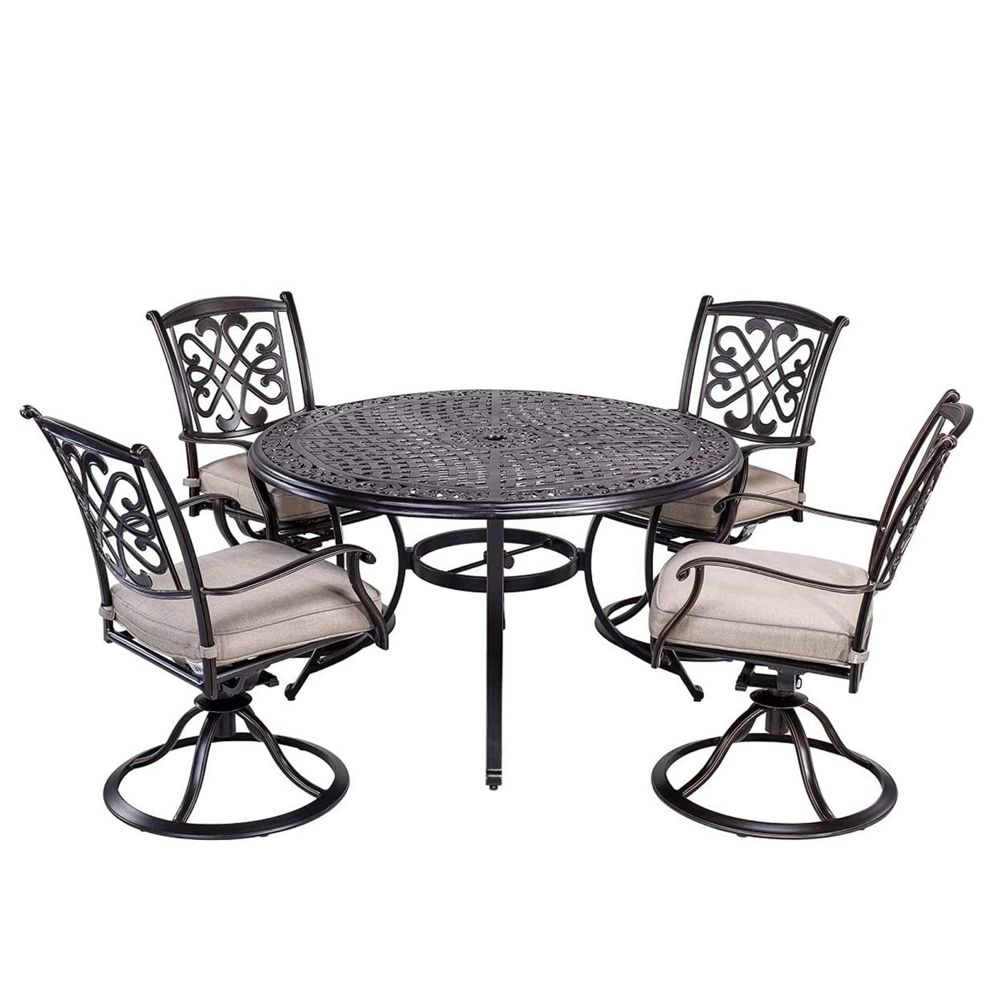 MONDAWE 5-Piece Cast Aluminum Outdoor Dining Set with Round 28 in. H Outdoor Table and 4 Piece Patio Dining Chair with Cushion