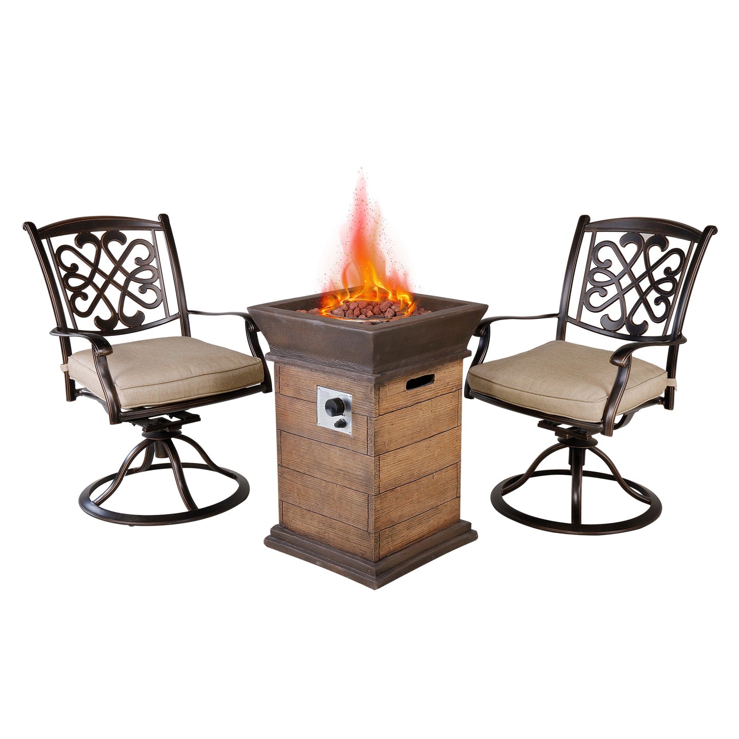 MONDAWE 3-Piece Cast Aluminum Patio Fire Pit in Brown Wood Exterior Seating Set with Beige Cushions