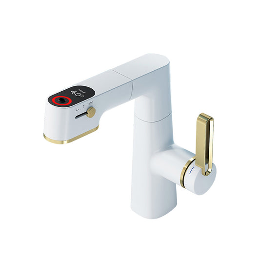 Mondawe Single Handle Single Hole Bathroom Faucet with Pull out Spray, Adjustable Height White+Gold