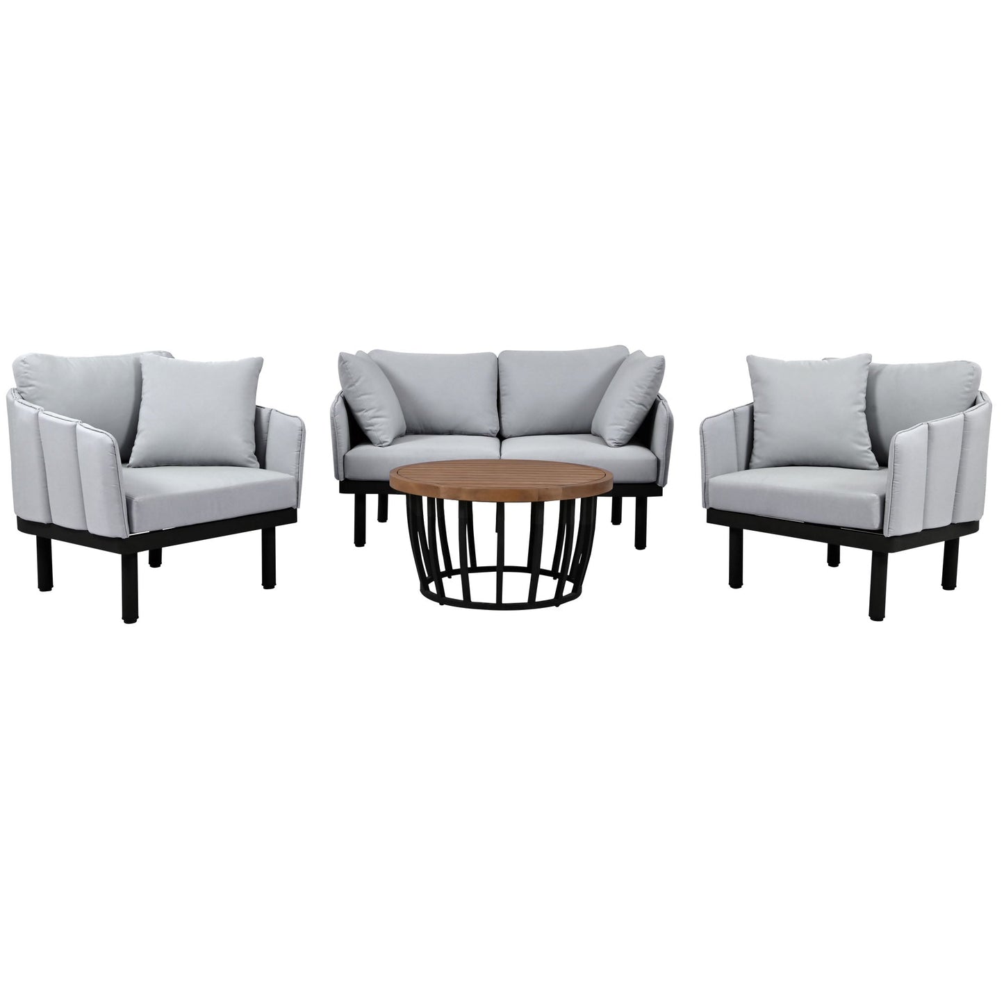 MONDAWE Luxury Modern 4 Piece Outdoor Iron Frame Conversation Set, Patio Chat Set with Acacia Wood Round Coffee Table, Loveseat+Arm Chairs