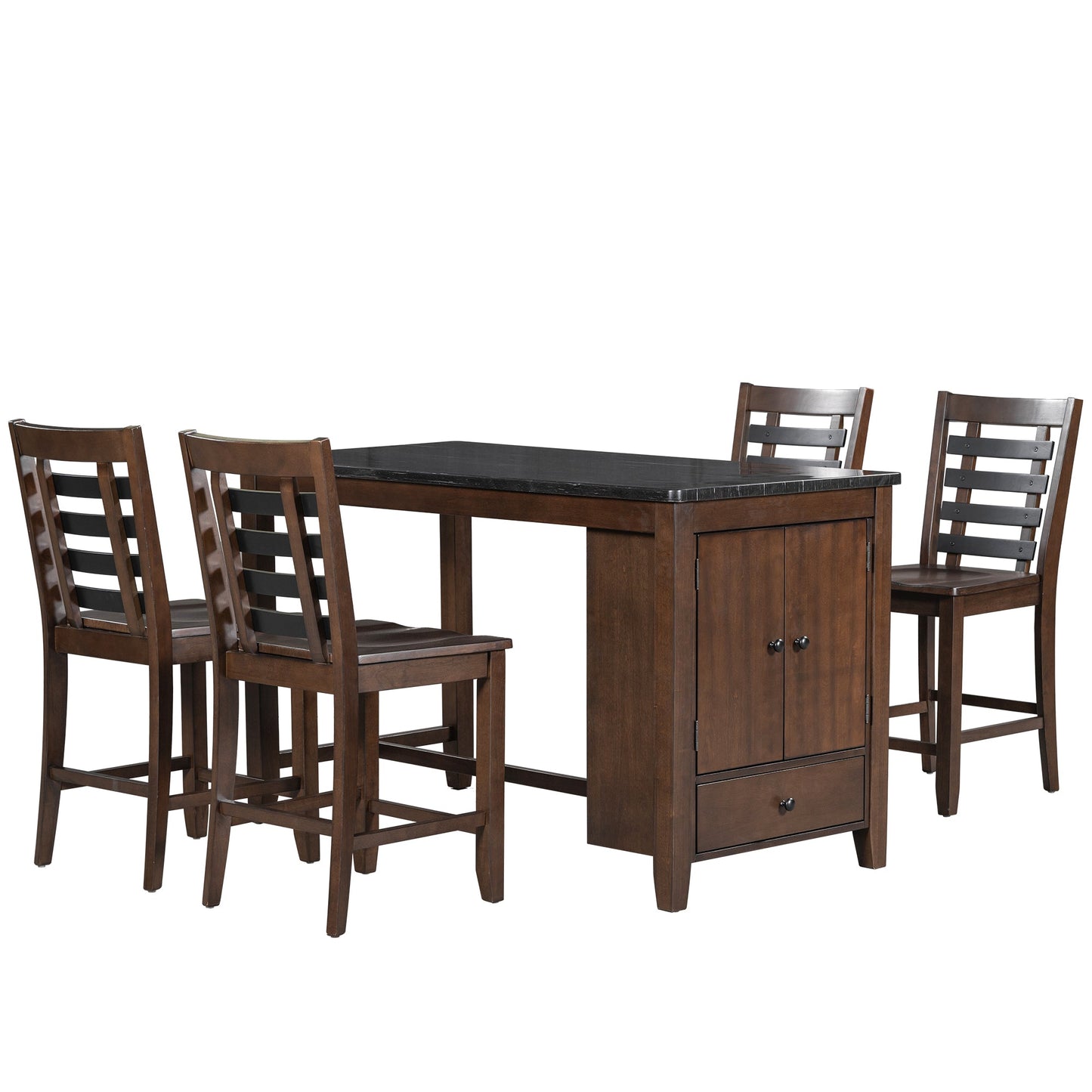 MONDAWE Counter Height 5-Piece Dining Table Set with Faux Marble Tabletop, Solid Wood Table Set with Storage Cabinet and Drawer