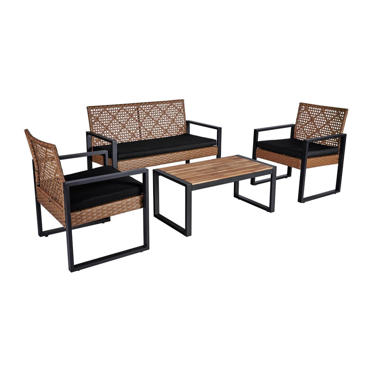 MONDAWE 4-piece PE Rattan Patio Conversation Set Outdoor Seating Set with Acacia Wood Table, Loveseat Chair and 2 Single Chair-Brown