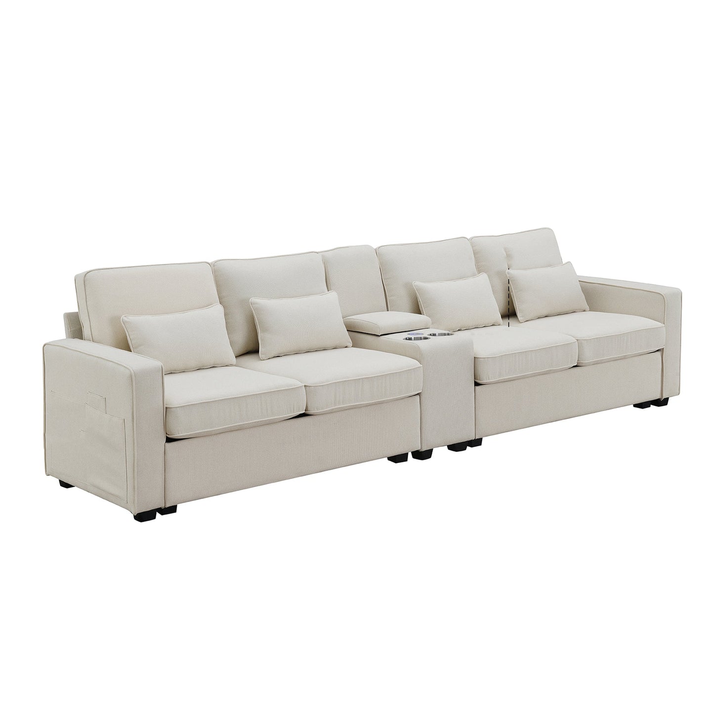 MONDAWE 4-Seat Upholstered Sofa with Console 2 Cupholders and 2 USB Ports Wired or Wirelessly Charged