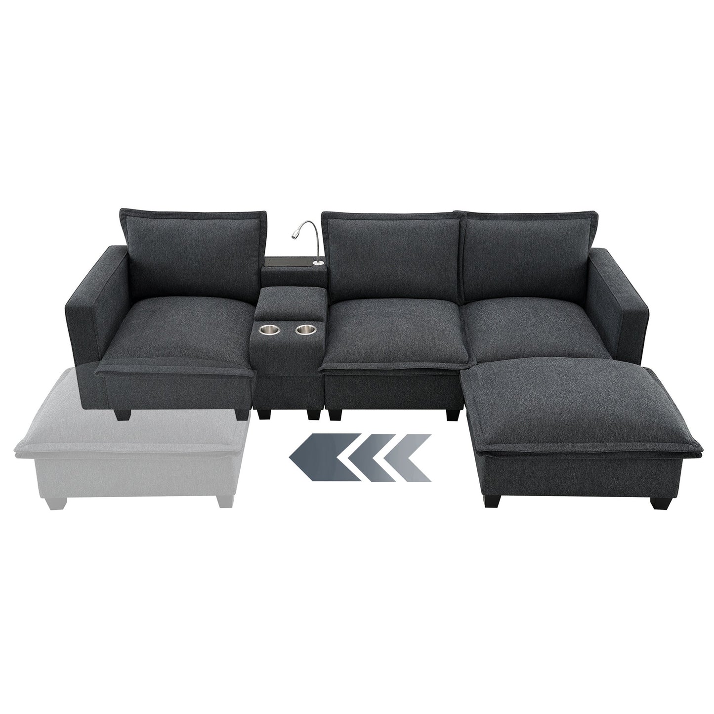 MONDAWE Modern Sectional Cloud Sofa with Console USB Charging Port Reading Light,Cup Holder 4 Seat Chenille Modular Couch