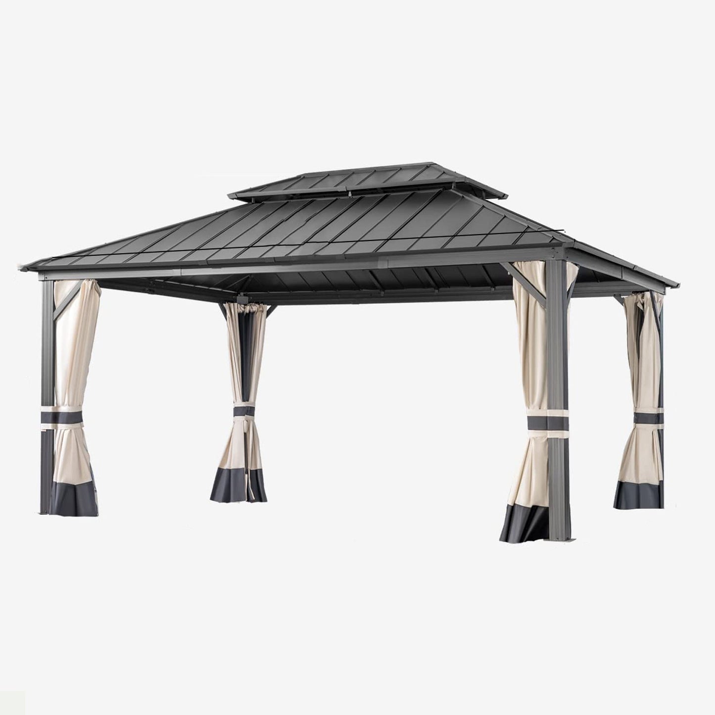 MONDAWE Aluminum Craftsmanship 12x16 Outdoor Hardtop Gazebo with Netting, and Curtains Galvanized Iron Dual Swift-Splicing Design Roof Canopy