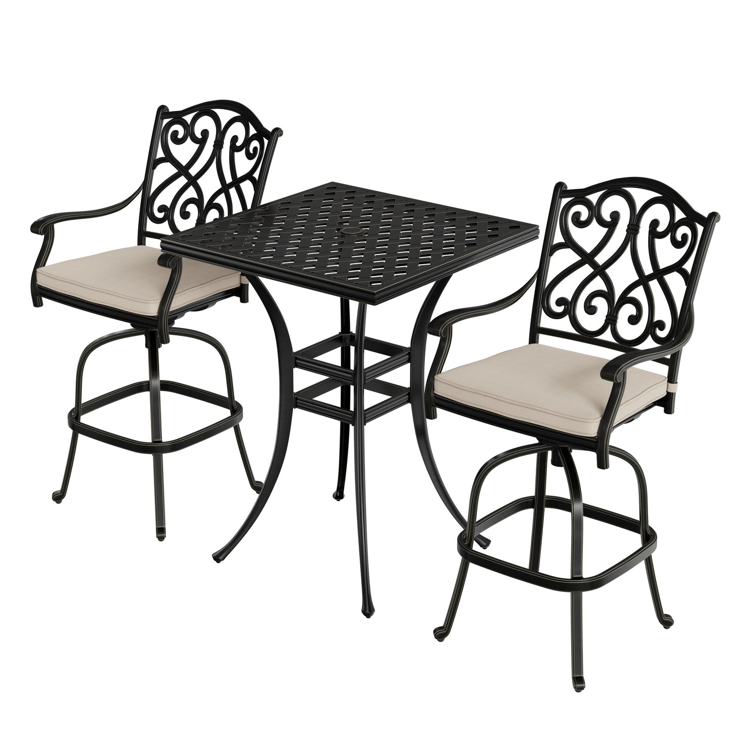 MONDAWE 3 Pieces Square Cast Aluminum Outdoor Dining Set with Cushions