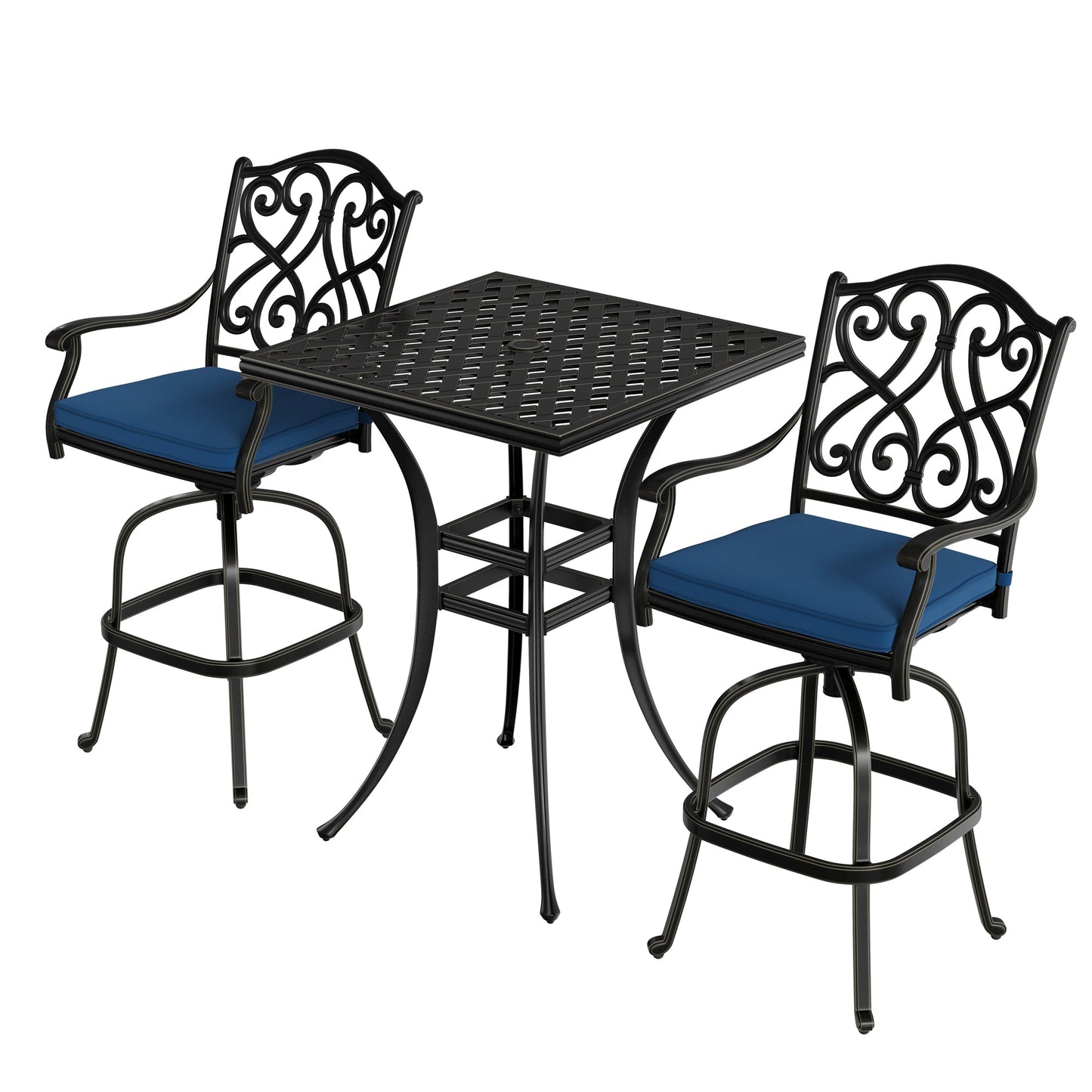 MONDAWE 3 Pieces Square Cast Aluminum Outdoor Dining Set with Cushions