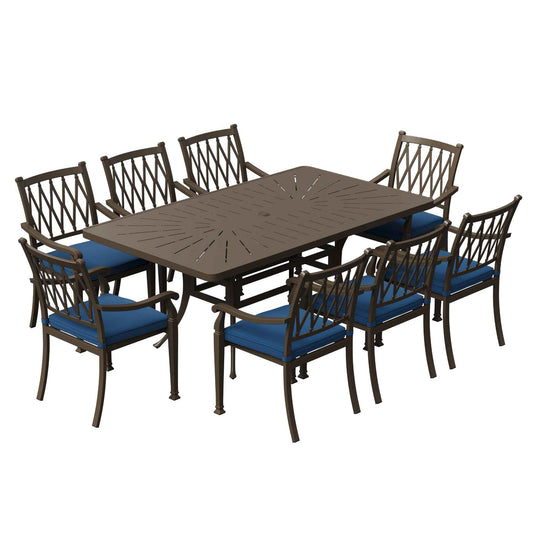 Mondawe 9-Piece Cast Aluminum Patio Dining Set 1 Rectangle Retro Table and 8 Dining Chairs with Cushion