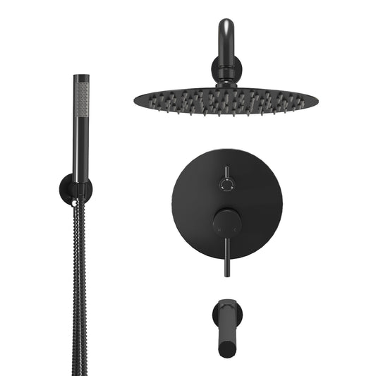 10-Inch Three-function Wall-mounted Round Shower Set With Swivel Bathtub Spout in Matte Black