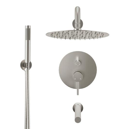 10-Inch Three-function Wall-mounted Round Shower Set With Swivel Bathtub Spout in Brushed Gold