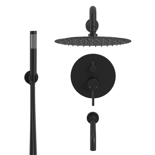 Mondawe 10-Inch Three-function Wall-mounted Round Shower Set in Matte Black