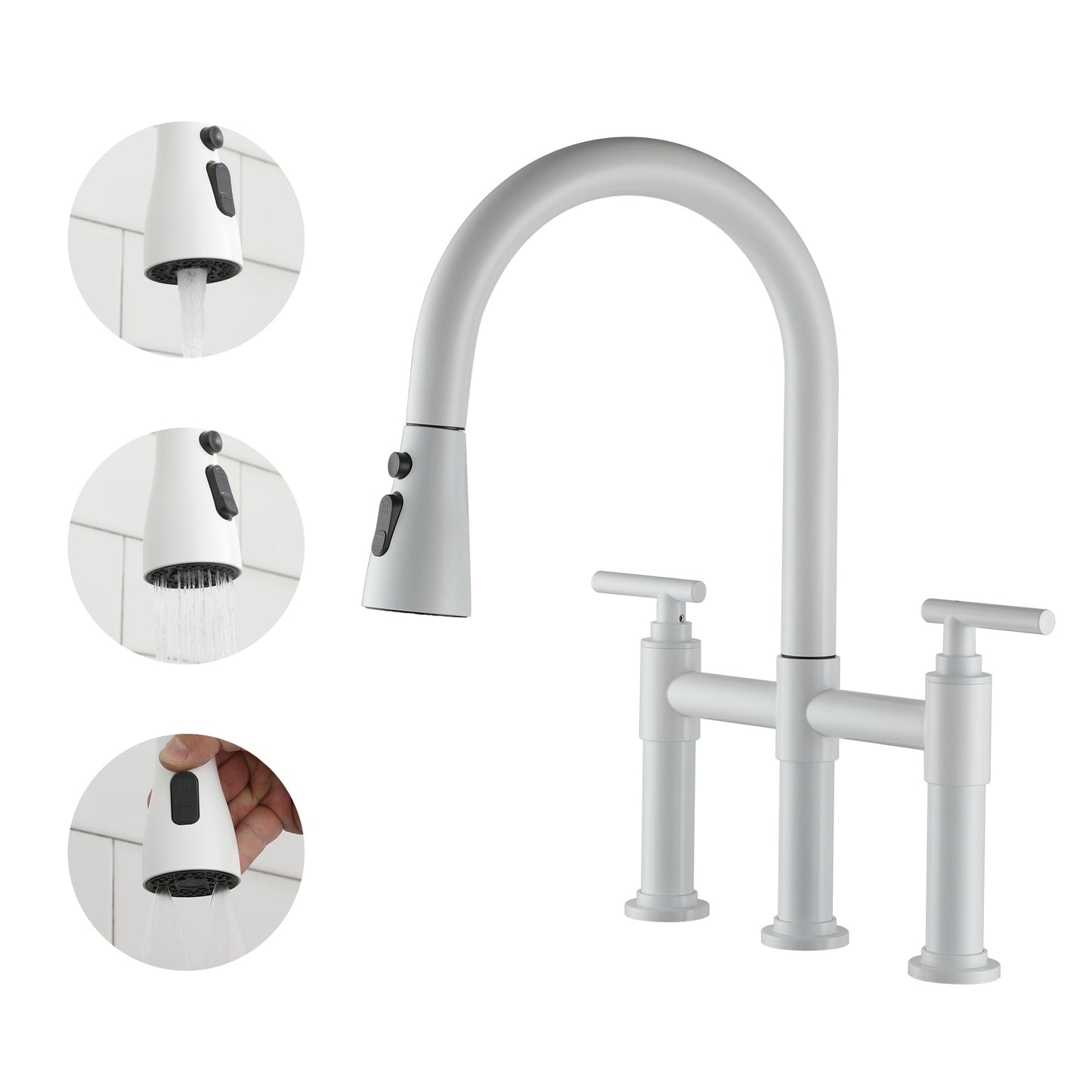 Mondawe 3 Way Spray Function Bridge Kitchen Faucet with Pull Down Sprayer 8 Widespread 360 Swivel Spout