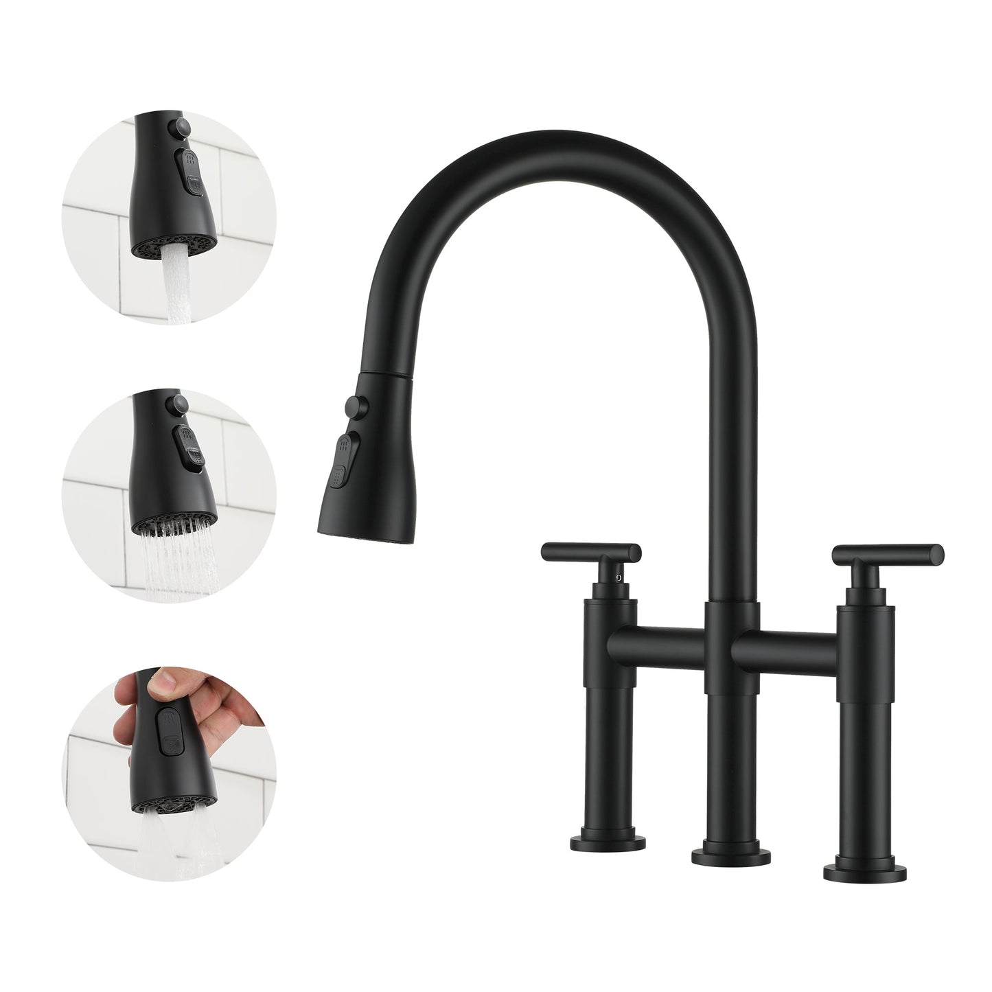 Mondawe 3 Way Spray Function Bridge Kitchen Faucet with Pull Down Sprayer 8 Widespread 360 Swivel Spout