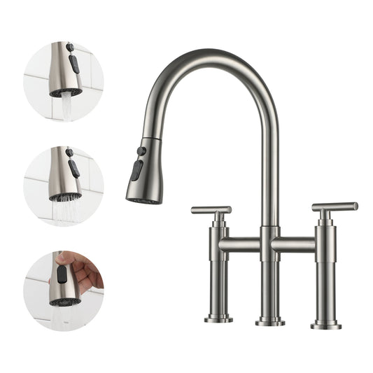 Mondawe 3 Way Spray Function Bridge Kitchen Faucet with Pull Down Sprayer 8 Widespread 360 Swivel Spout