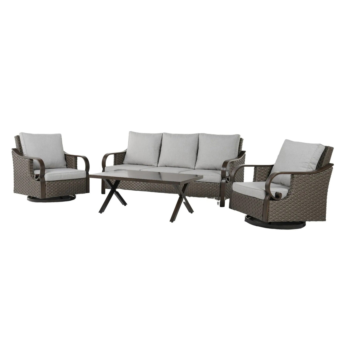 MONDAWE Patio Wicker 3-Seat Sofa Couch and Swivel Single Sofa Chairs Table Set, With Cushions In Metal Frame For Outdoor