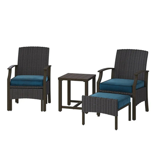 MONDAWE Wicker Formal Dinning Chair and Foot Rest Side Table Set With Soft Cushions In Metal Frame (Set of 5)