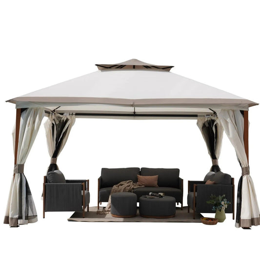 MONDAWE 10x13 FT Outdoor Soft-Top Gazebos Iron Frame With Mosquito Netting and Curtains