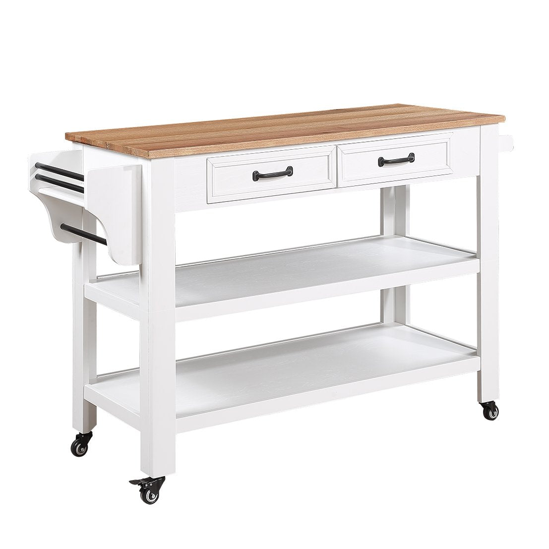 Mondawe 57 Inch Solid Oak Countertop Kitchen Cart, Double-Sided Kitchen Cart With Wheels And Drawers