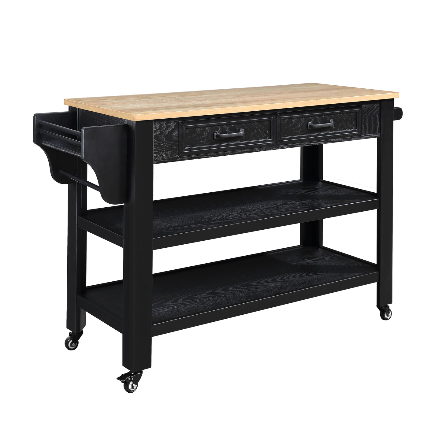 Mondawe 57 Inch Solid Oak Countertop Kitchen Cart, Double-Sided Kitchen Cart With Wheels And Drawers